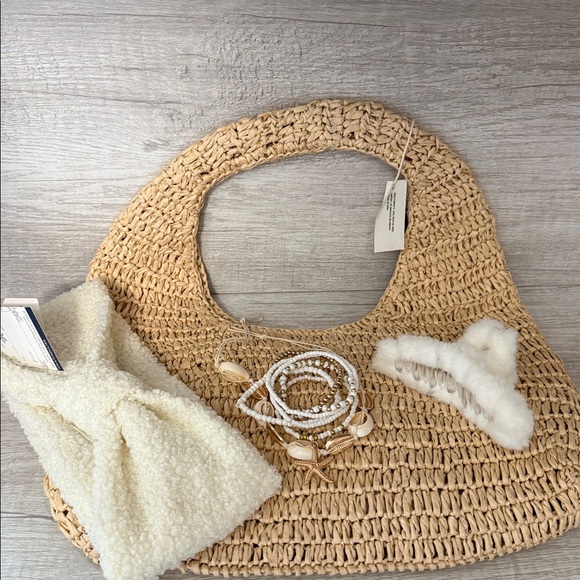 Handbags - Beige Woven Handbag with Accessories